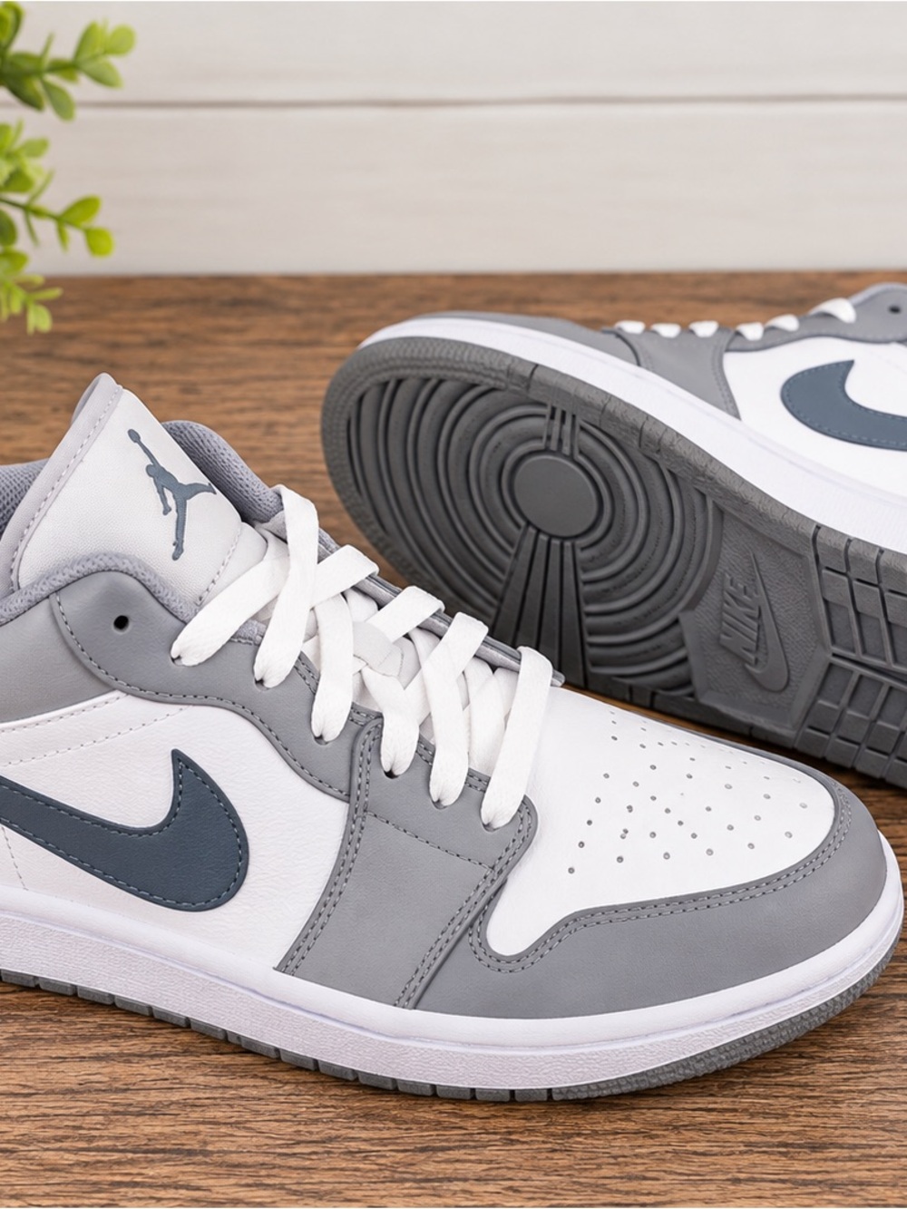 Jordan Men’s Low-Top Sneakers - White & Gray with Dark Blue Swoosh